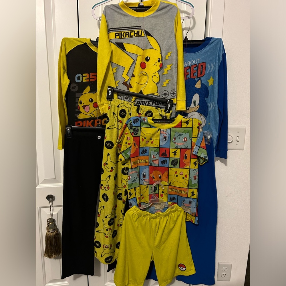 4 Pajama Set size 7-8 years old sonic, pikachu,- Yellow and Blue.